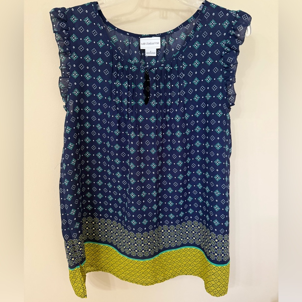 Liz Claiborne Blue and Yellow Geometric Blouse